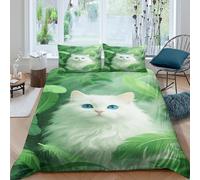 EMYXPAQM Copripiumino White Cat 3D Parure Da Letto Con Motivo Green Feathers Microfibra Con Chiusura Lampo E Federa Per Ragazzi, Ragazze E Bambin Double(200x200cm)