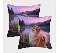 EMYXPAQM Federe Per Cuscini Cute Puppy Set Di 2, Copricuscini Con Lakeside Meadow Poliestere Morbido Decorazione Casa Per Arredare Il Tuo Divano, Poltrona 50x50cm