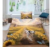 EMYXPAQM Set Copripiumino Dalmatian 3D Set Di Biancheria Da Letto Con Stampa Dalmatian Sunflower Microfibra Con Cerniera E Federa Per Bambini Adulti Single(135x200cm)