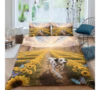 EMYXPAQM Set Copripiumino Dalmatian 3D Set Di Biancheria Da Letto Con Stampa Dalmatian Sunflower Microfibra Con Cerniera E Federa Per Bambini Adulti Double(200x200cm)