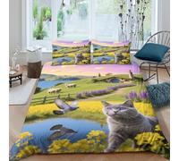 EMYXPAQM Set Copripiumino Manx Cat 3D Parure Da Letto Con Stampa Sea of Flowers Sheep Microfibra Con Cerniera E Federa Per Ragazze E Ragazzi Adulti King(220x240cm)