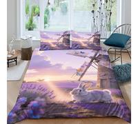 EMYXPAQM Set Copripiumino Netherland Dwarf Rabbit 3D Parure Da Letto Con Motivo Lavender Sea of Flowers Microfibra Con Cerniera E Federa Per Bambini Adulti Double(200x200cm)