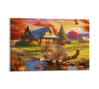 EMYXPAQM Stampa Di Cute Cat Su Tela Quadro Di Autumn Village Su Tela Decorazioni Da Parete Per Cucina, Soggiorno, Ufficio Regalo 20x30inch(50x75cm)
