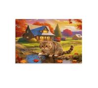 EMYXPAQM Stampa Di Cute Cat Su Tela Quadro Di Autumn Village Su Tela Decorazioni Da Parete Per Ristorante Cucina Soggiorno Idea Regalo 12x18inch(30x45cm)