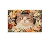 EMYXPAQM Stampa Di Cute Cat Su Tela Stampa Artistica Con Various Flowers Sfondo Decorativo Per Cucina, Soggiorno, Ufficio Regalo Originale 08x12inch(20x30cm)