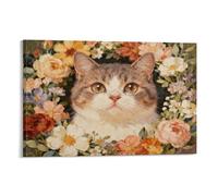 EMYXPAQM Stampa Di Cute Cat Su Tela Stampa Artistica Con Various Flowers Sfondo Decorativo Per Soggiorno Camera Da Letto Ristorante Regalo 20x30inch(50x75cm)