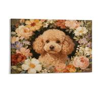 EMYXPAQM Stampa Di Poodle Su Tela Stampa Artistica Con Various Flowers Sfondo Decorativo Per Soggiorno Camera Da Letto Ristorante Idea Regalo 12x18inch(30x45cm)