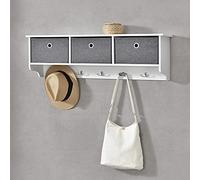 [en.casa] Appendiabiti da Parete con 5 Ganci, Piano di Appoggio e 3 Scatole Portaoggetti - Attaccapanni da Muro (AxLaxP) 30x100x20 cm Struttura Bianca + 3 Contenitori in Tessuto Grigio