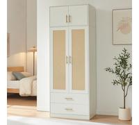 [en.casa] Armadio a 4 Ante e 2 Cassetti 216x80x52 cm Bianco/Effetto Rattan