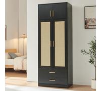 [en.casa] Armadio a 4 Ante e 2 Cassetti 216x80x52 cm Nero/Effetto Rattan