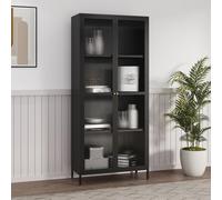 [en.casa] Armadio a Vetrata con 4 Scomparti Credenza Alta Libreria con Vetrina Armadio a 2 Ante in Vetro Semitrasparente 180 x 80 x 35 cm Mobile in Acciaio Nero