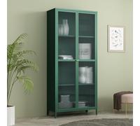 [en.casa] Armadio a Vetrata con 4 Scomparti Credenza Alta Libreria Espositiva Vetrina a 2 Ante in Vetro Semitrasparente Scanalato 180 x 80 x 35 cm Mobile in Acciaio - Verde Abete