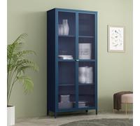 [en.casa] Armadio a Vetrata con 4 Scomparti Credenza Alta Libreria Espositiva Vetrina a 2 Ante in Vetro Semitrasparente Scanalato 180 x 80 x 35 cm Mobile in Acciaio - Blu Marino