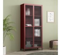 [en.casa] Armadio a Vetrata con 4 Scomparti Credenza Alta Libreria Espositiva Vetrina a 2 Ante in Vetro Semitrasparente Scanalato 180 x 80 x 35 cm Mobile in Acciaio - Rosso Vino