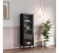 [en.casa] Armadio a Vetrata con 4 Scomparti Credenza Alta Libreria Espositiva Vetrinetta Anta in Vetro Semitrasparente Scanalato 150 x 50 x 35 cm Mobile in Acciaio - Nero