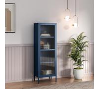 [en.casa] Armadio a Vetrata con 4 Scomparti Credenza Alta Libreria Espositiva Vetrinetta Anta in Vetro Semitrasparente Scanalato 150 x 50 x 35 cm Mobile in Acciaio - Blu Marino
