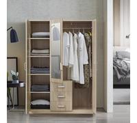 [en.casa] Armadio Guardaroba per Camera da Letto Armadio Chiuso con Ante 5 Scomparti Asta Appendiabiti Cassettiera e Specchio 176 x 120 x 52 cm MDF, Effetto Rovere Sonoma