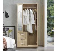 [en.casa] Armadio Guardaroba per Camera da Letto Armadio Chiuso con Ante Scomparto con Asta Appendiabiti Cassettiera e Specchio 176 x 80 x 52 cm MDF, Effetto Rovere Sonoma