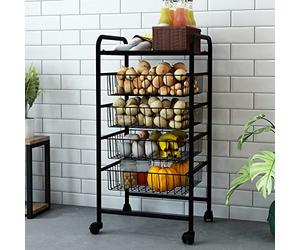 [en.casa] Carrello da Cucina (AxLxP) 87 x 41 x 31,5 cm Carrello con 4 Cesti a Rete e Piano Rimovibile Scaffale per Conservare Frutta e Verdura - Nero