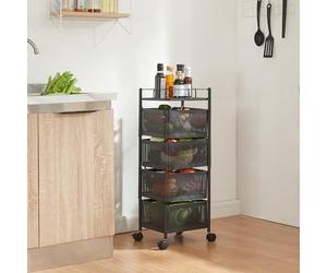 [en.casa] Carrello da Stoccaggio Organizzatore con 4 Cestelli Girevoli e Piano con Barra Anticaduta Mobile Multiuso in Acciaio a 4 Rotelle per Cucina Ufficio Bagno - Nero
