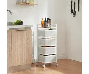 [en.casa] Carrello da Stoccaggio Organizzatore con 4 Cestelli Girevoli e Piano con Barra Anticaduta Mobile Multiuso in Acciaio a 4 Rotelle per Cucina Ufficio Bagno - Bianco
