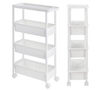 [en.casa] Carrello Portaoggetti Salvaspazio a 3 Ripiani con Ceste e Piano di Appoggio Scaffale Stretto con Ruote 100 x 22 x 48 cm per Cucina Bagno Lavanderia - Bianco