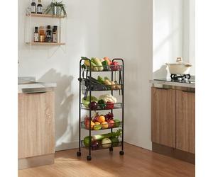 [en.casa] Carrello Portatutto Carrello da Stoccaggio Organizzatore con 5 Cestelli e Ganci Mobile Multiuso in Acciaio a 4 Rotelle per Cucina Ufficio Bagno - Nero
