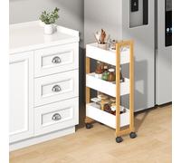 [en.casa] Carrello Stretto con Rotelle Scaffale a Ruote con 3 Scomparti Portaoggetti e Maniglia Mobiletto Organizzatore per Cucina Bagno Lavanderia 80 x 41 x 20 cm - Naturale/Bianco