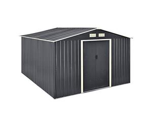 [en.casa] Casetta da Giardino con Doppia Porta Scorrevole Box Capanno Porta Attrezzi Ripostiglio da Esterno in Lamiera con Telaio in Metallo Tetto Inclinato 277x319x192 cm - Grigio Scuro