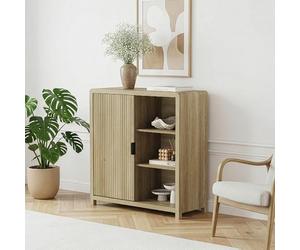 [en.casa] Comò ad Anta e 3 Scomparti Aperti Credenza Bassa con Ripiani 2 Vani Chiusi Mobile Contenitore Madia per Soggiorno Sala Ingresso 82 x 75 x 30 cm - Effetto Rovere Medio Chiaro