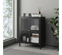 [en.casa] Comò con Ante in Vetro Scanalato Credenza in Acciaio per Soggiorno Mobile Vetrinetta con Scomparto Diviso 84x64x35 cm Nero