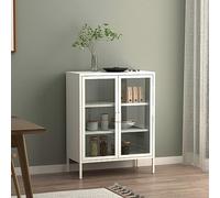 [en.casa] Comò in Acciaio con 2 Ante in Vetro Temperato Credenza per Soggiorno 101,5 x 80 x 40 cm Armadietto a Vetrata con 3 Scomparti - Bianco