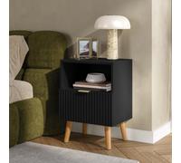 [en.casa] Comodino con Cassetto e Vano Aperto 55x40x30 cm Nero | Mobiletto da Notte Moderno, Frontale Scanalato, Piedini in Legno, Mobile Laterale da Divano