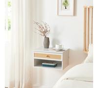 [en.casa] Comodino da Parete con Cassetto e Scomparto Aperto Consolle a Muro con Foro Passacavi Mobiletto Sospeso da Ingresso Soggiorno 40x32x23 cm Bianco/Rattan