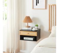 [en.casa] Comodino da Parete con Cassetto e Scomparto Aperto Consolle a Muro con Foro Passacavi Mobiletto Sospeso da Ingresso Soggiorno 40x32x23 cm Nero/Rattan