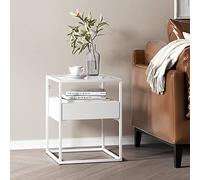 [en.casa] Comodino in Acciaio Tavolino Basso da Divano 51 x 40 x 40 cm con Piano Tavolo in Vetro Temperato Tavolino a Cubo con Cassetto e Scomparto Aperto - Bianco Opaco