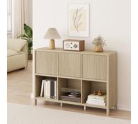 [en.casa] Credenza Bassa Mobile Contenitore con 3 Ante Decorative Push to Open e Scomparti Aperti Sideboard per Soggiorno Corridoio Studio 77x110x30 cm Effetto Rovere