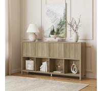 [en.casa] Credenza Bassa Mobile Contenitore con 4 Ante Decorative Push to Open e Scomparti Aperti Sideboard per Soggiorno Studio 77x145x30 cm Effetto Rovere, medio-chiaro