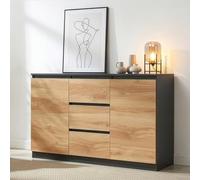 [en.casa] Credenza Mobile Contenitore con 2 Ante e 3 Cassetti Comò con Vani Ripiani Chiusi Madia per Soggiorno Sala da Pranzo Ingresso 120 x 35 x 75 cm - Nero/Effetto Rovere Rustico