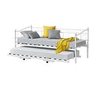[en.casa] Divano in Metallo con Cornice Decorativa + Letto di Complemento con Gambe Pieghevoli e 4 Ruote, Sofa a 2-3 Posti di Seduta e Secondo Letto Salvaspazio - Bianco