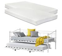 [en.casa] Divano in Metallo con Cornice Decorativa + Letto di Complemento con Gambe Pieghevoli e 4 Ruote, Sofa a 2-3 Posti di Seduta e Secondo Letto Salvaspazio + 2 Materassi 200x90 cm - Bianco