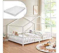 [en.casa] Letto a Casetta con Materasso 120x200 cm Bianco | Barriera di Protezione, Piazza e Mezza per Bambini, Struttura in Legno di Pino, Schiuma Fredda, Stile Montessori, Cameretta