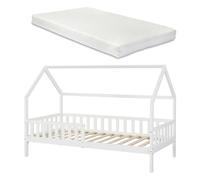 [en.casa] Letto a Casetta per Bambini con Materasso 90x200 cm Bianco | Schiuma Fredda, Letto Rialzato in Legno di Pino, con Sbarre Giroletto Regolabile in Altezza, per Cameretta
