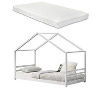 [en.casa] Letto a Casetta per Bambini Letto per Cameretta con Materasso a Schiuma Fredda 90x200 cm Struttura in Legno di Pino in Stile Montessori - Bianco