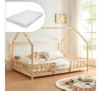 [en.casa] Letto a Casetta per Cameretta con Materasso 120x200 cm Letto Piazza e Mezza per Bambini con Barriere Struttura in Legno di Pino - Naturale