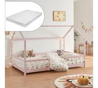 [en.casa] Letto a Casetta per Cameretta con Materasso 120x200 cm Letto Piazza e Mezza per Bambini con Barriere Struttura in Legno di Pino - Rosa/Bianco