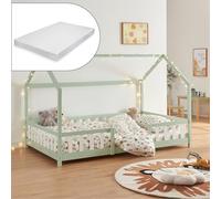 [en.casa] Letto a Casetta per Cameretta con Materasso 120x200 cm Letto Piazza e Mezza per Bambini con Barriere Struttura in Legno di Pino - Verde/Bianco