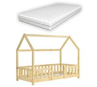 [en.casa] Letto a Casetta per Cameretta con Materasso 70x140 cm Letto Singolo per Bambini con Barriere di Protezione Struttura in Legno di Pino - Naturale