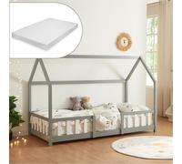 [en.casa] Letto a Casetta per Cameretta con Materasso 90x200 cm Letto Singolo per Bambini con Barriere di Protezione Struttura in Legno di Pino - Grigio/Bianco
