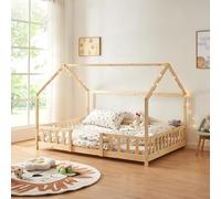 [en.casa] Letto Casetta per Cameretta Letto Francese per Bambini con Barriere di Protezione Struttura in Legno di Pino con Zona di Riposo 140x200 cm Naturale